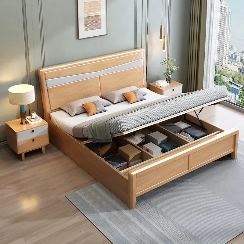 

$%2025 Modern Simple 1.8m King Size Solid Wood Double Bed with Soft Back Night Light Queen Size High Box Storage for Home