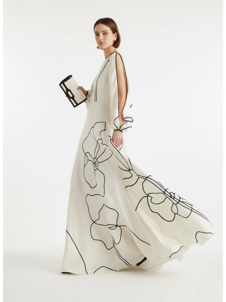 2026 Women White Black Line Printed Maxi Dress Round Neck Ruffle Sleeve High Waist A Line Pleated Stylish Party Dress - view 4