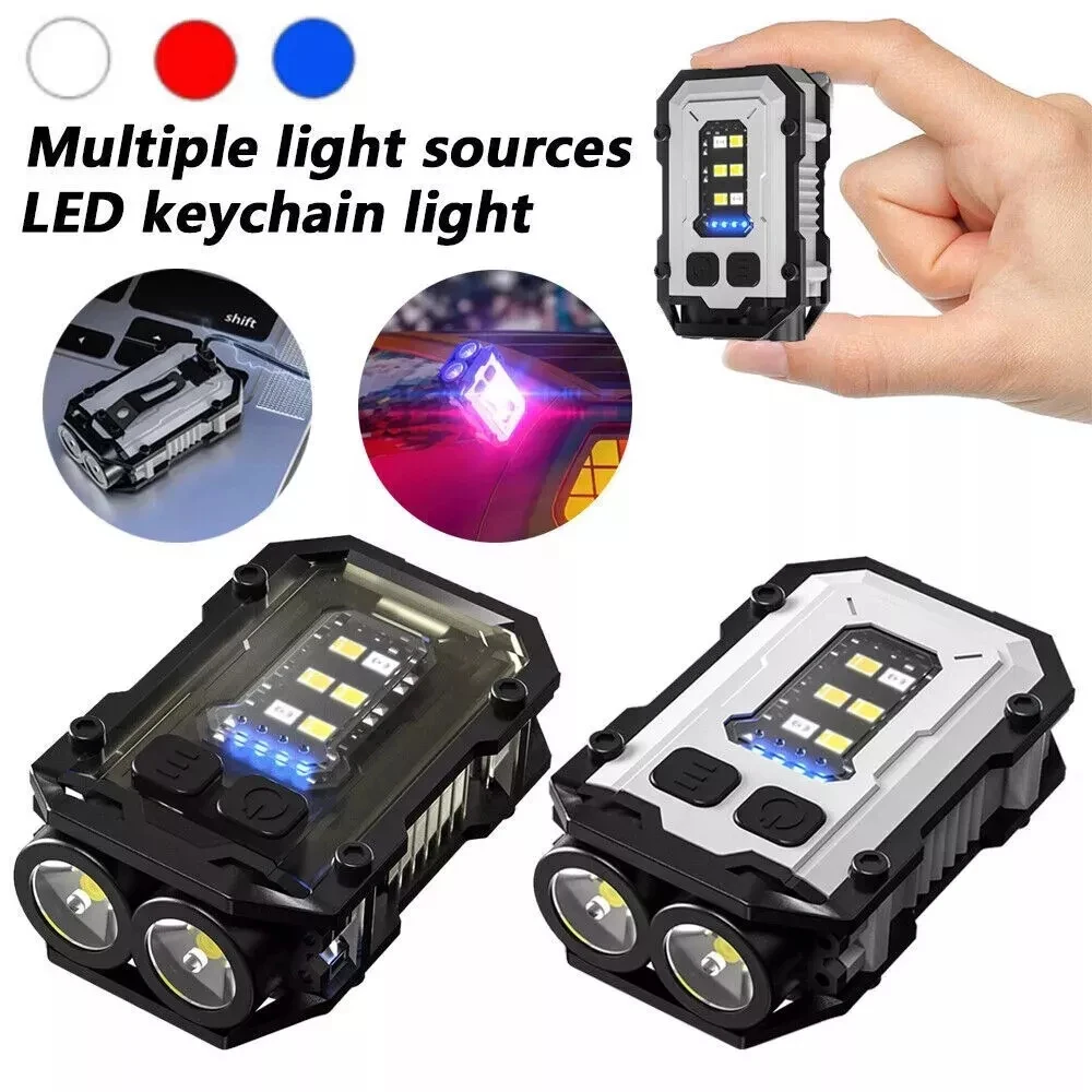 

Mini Keychain Flashlight Outdoor Camping Fishing Lamp Rechargeable Work Light Blue Red Warning Light Outdoor Emergency Lamp