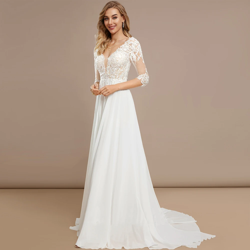 Elegant Deep V Neck Wedding Dresses Three Quarter Sleeves Applique Lace Bridal Grown Open Back Chiffon A Line Vestido De Noiva