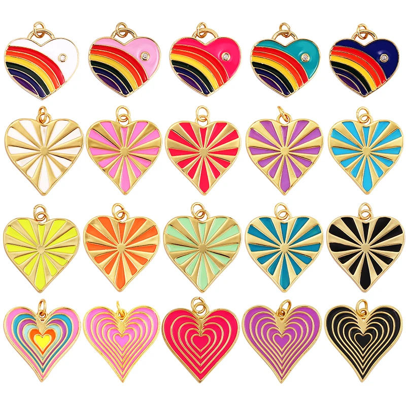 Rainbow Heart Enamel Charm Neon Pink Orange Turquoise Blue Pendant Oil Dropped,Gold Plated Colour,Necklace Bracelet Making L28