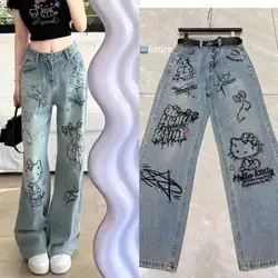 Y2K Hello Kittys Jeans Sanrioed Cotton Wide Leg Pants Kuromi Cartoon Straight Leg Trousers Cute Retro High Waisted Jeans Sweet