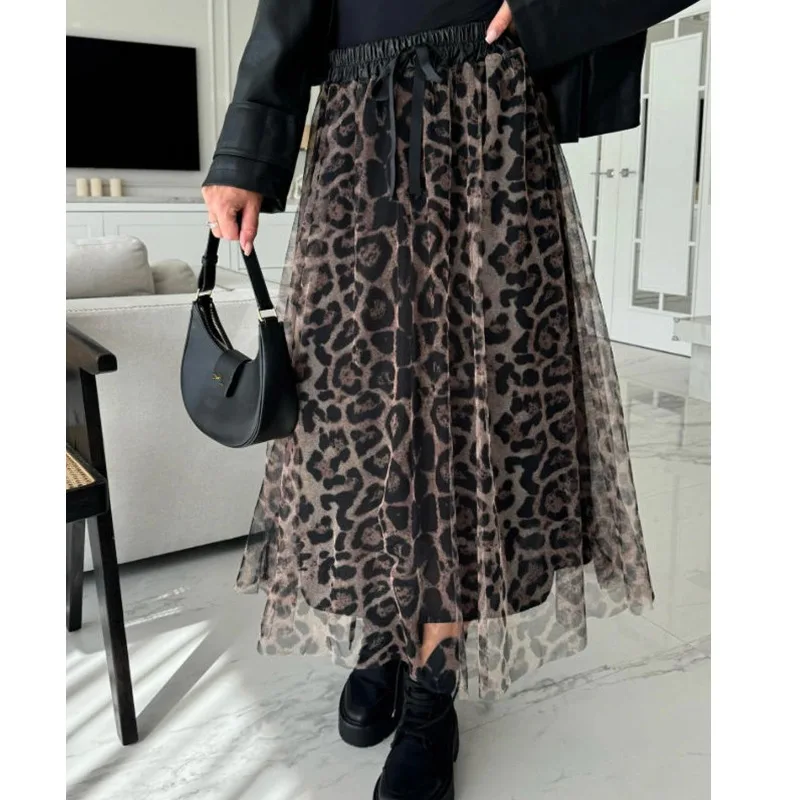 

Повседневная сетчатая юбка с леопардовым принтом, женская осенне-зимняя свободная юбка с эластичной резинкой на талии