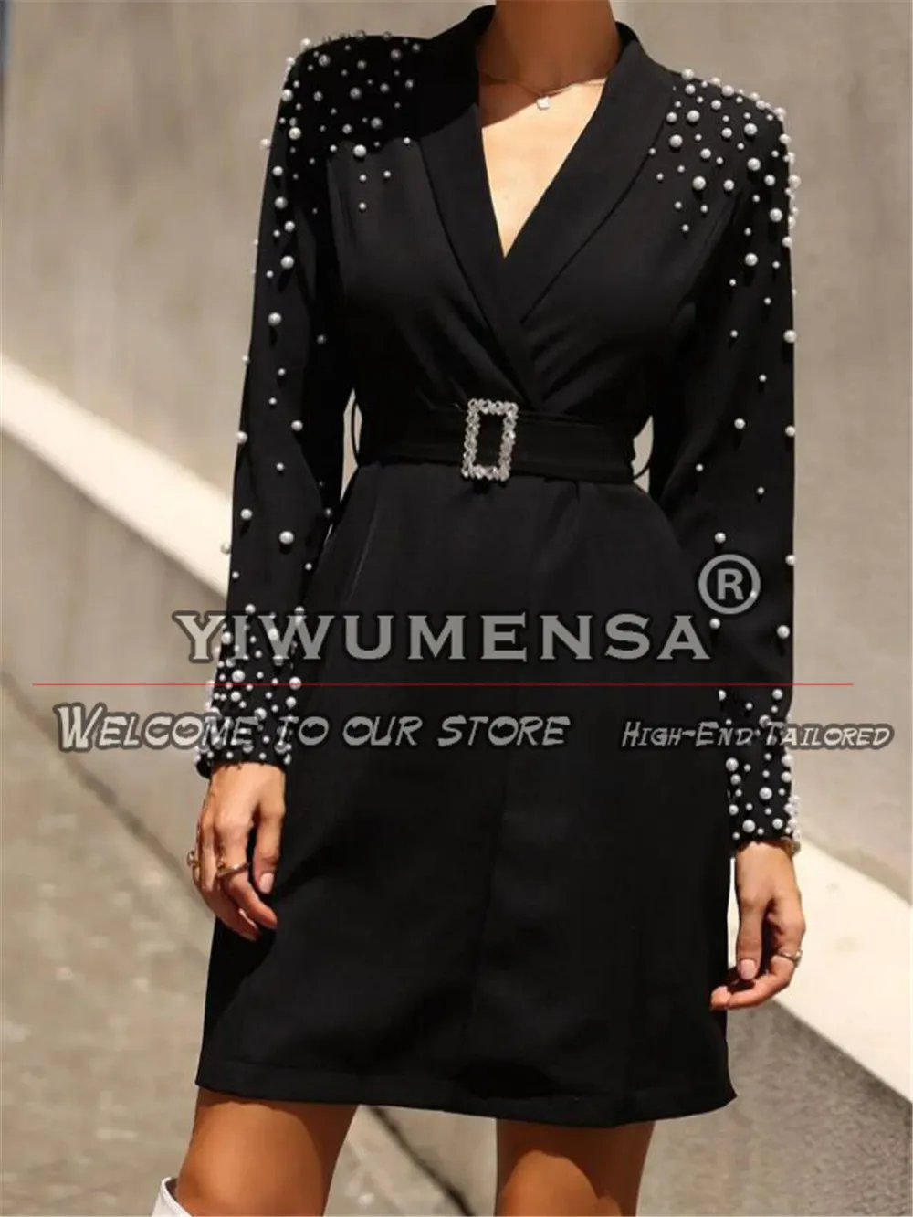 Black Women Suit Jackets Custom Made White Pearls Beaded Blazer Female Fashion Blazer Outwear Party Prom Coat Long Fit Slim