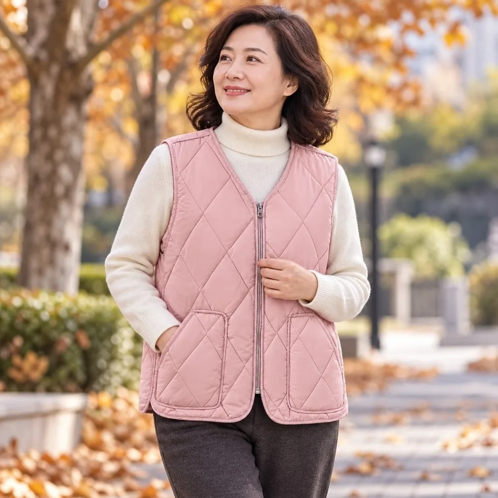 Versatile Zipper Closure Women's Vest Sleeveless Plus Size Cotton Vest Warm Cotton Fill Loose Waistcoat Autumn Winter