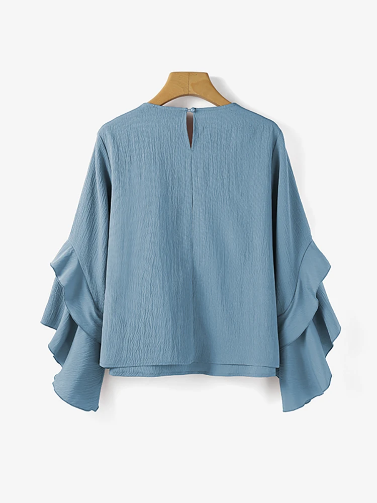 ZANZEA بلوزة نسائية مكشكشة بأكمام طويلة 2025 بلوزات على الموضة رقبة مستديرة قميص فضفاض غير رسمي أنيق ملابس الشارع الكورية Blusas Mujer