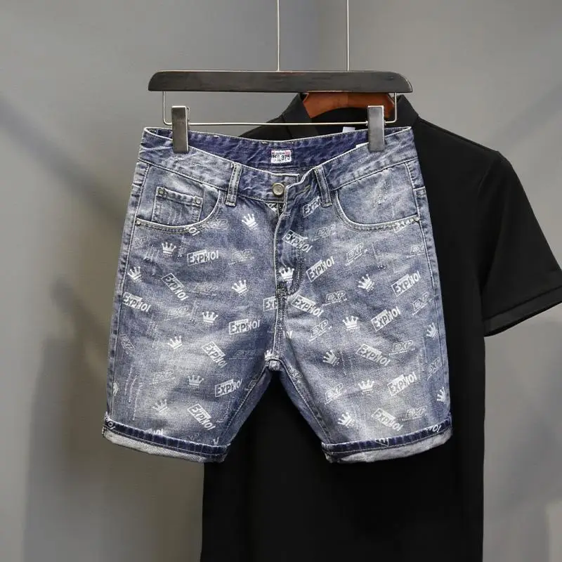 2026 Men's Summer New Print Scratched Slim Fit Versatile Trendy Korean Style Fashionable Denim Knit Bottoms Printed Shorts
