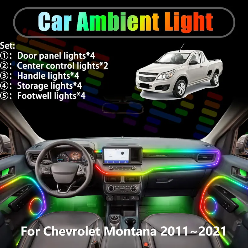 Para Chevrolet Montana 2011~2021 MK2 2012 2/18 en 1, iluminación ambiental para coche, luces LED interiores para maletero, luces LED USB RGB, conjunto de luces secuenciales.