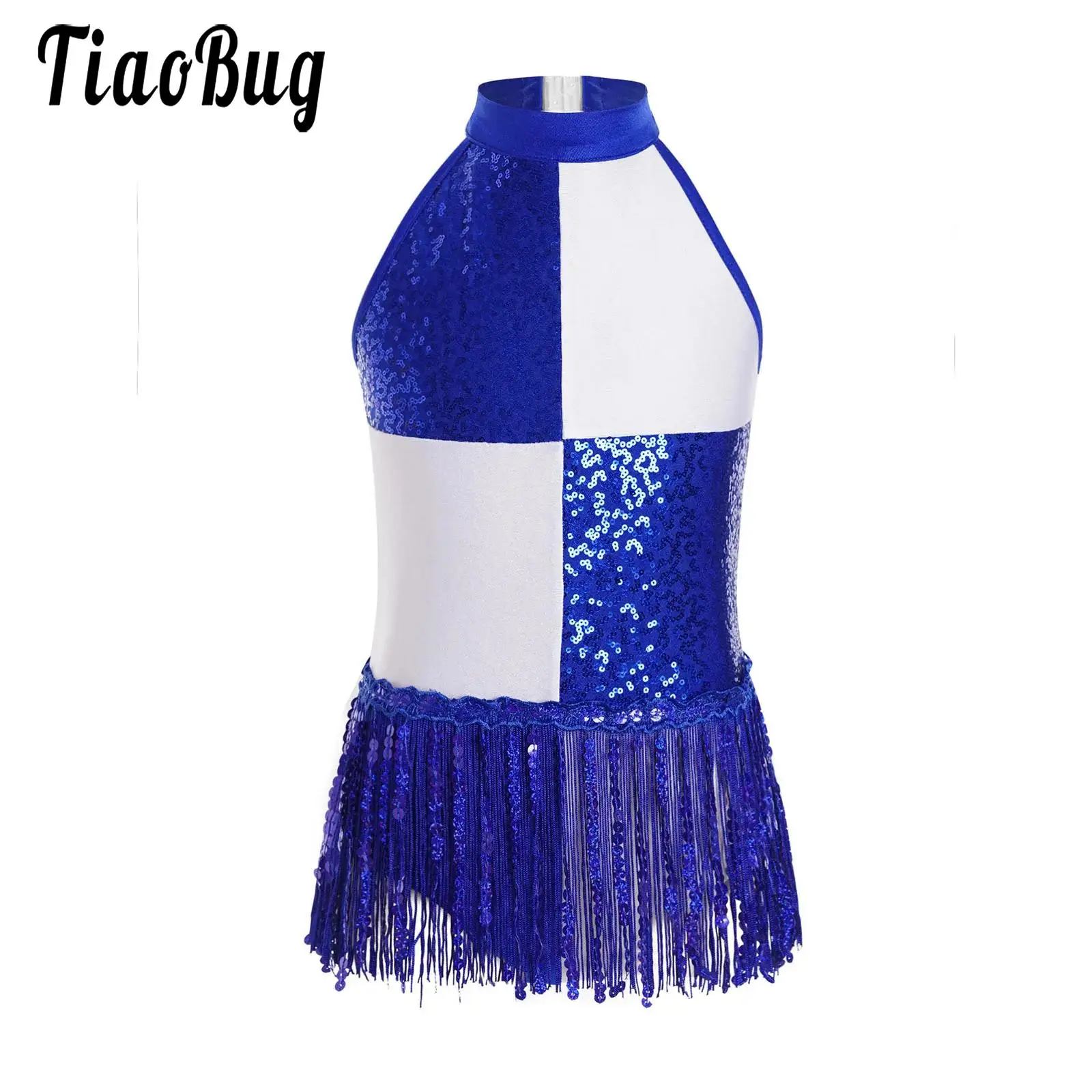 

Leotards Tassel Dress for Girls Shiny Sequined Latin Jazz Tango Rumba Dance Dress Halter Sleeveless Bodysuit Skirted Dancewear