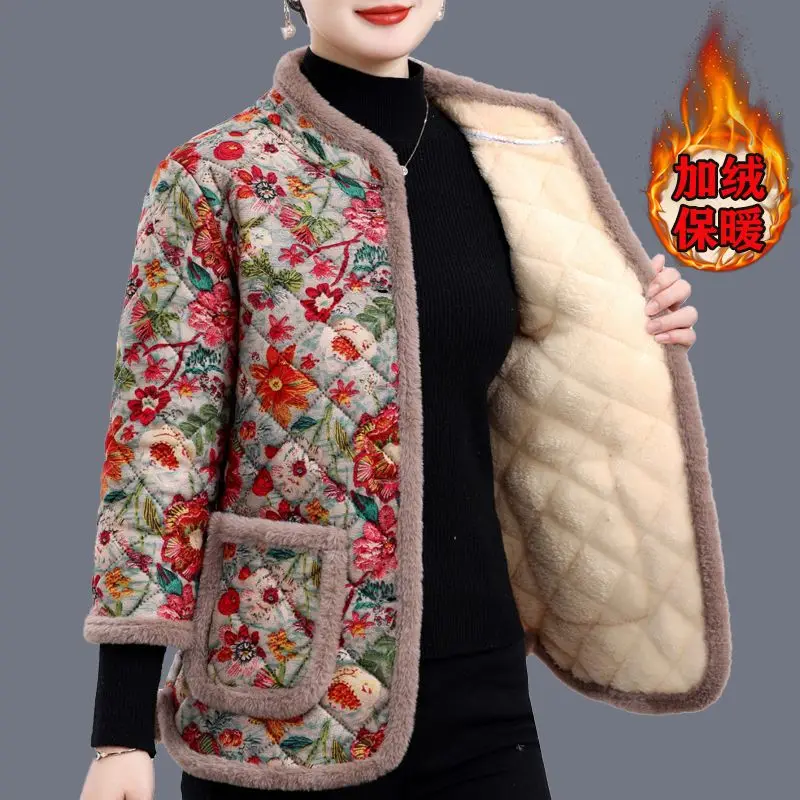 Mother's Fashion Winter Thicken Quarter-Sleeve Cotton Coat Middle-Aged Elderly Women Add Velvet Warm Short Jacket Quilted Parkas