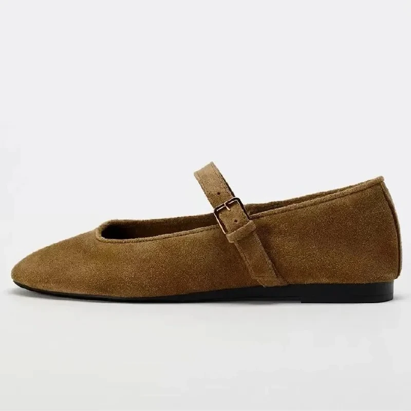 Zapatillas de Ballet de gamuza sintética marrón de alta calidad para mujer, cómodas zapatillas Mary Jane con punta redonda y hebilla estrecha, zapatos planos informales elegantes para exteriores
