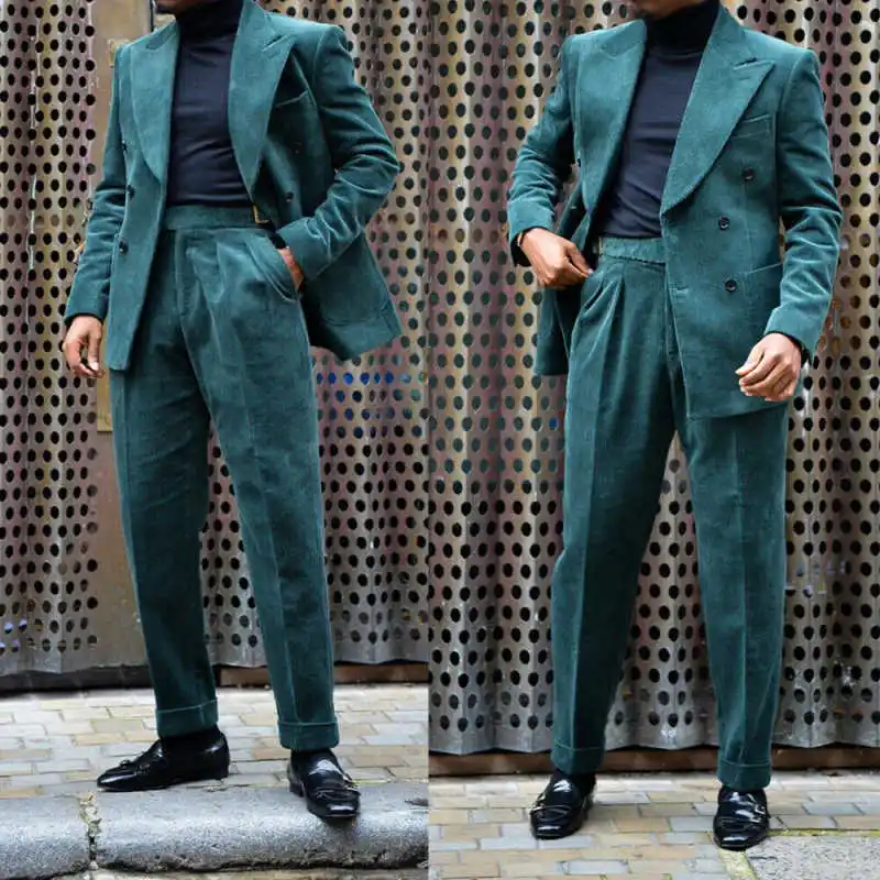 Modern Corduroy Men Tuxedos Peaked Lapel Double Breasted Pant Sets Plus Size Winter Warm Business Party Customized 2 Pieces