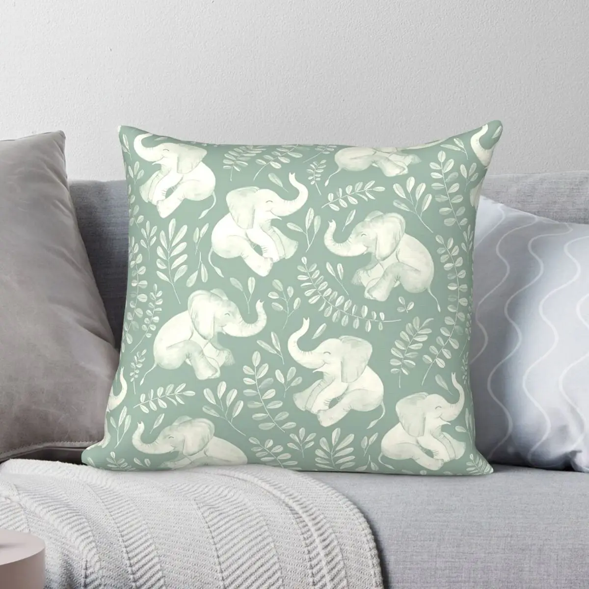 Laughing Baby Elephants Sage Green Square Pillowcase Polyester Linen Velvet Creative Zip Throw Pillow Case Sofa Cushion Cover