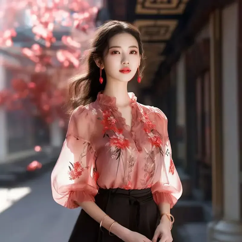 Gagarich New Chinese Hanfu Bubble Sleeve Shirt Women Early Spring 2024 New Unique Exquisite Beauty Slimming BlouseTop