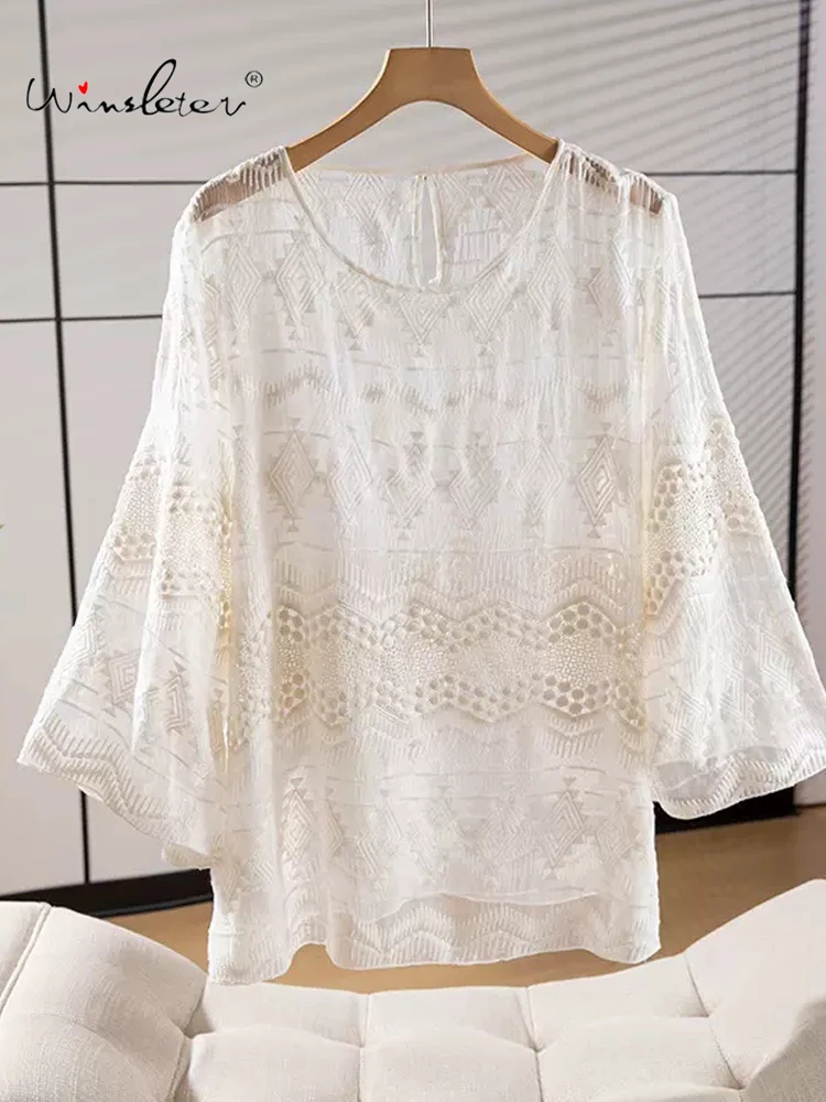 Winsleter,100%Real Silk Elegant T-Shirt, Woman Long Sleeve Embroidery, Retro Loose Sunscreen Tops, 2024 Summer Autumn T48406QC