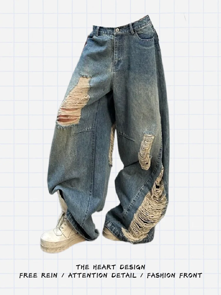 

Low Waist Blue Denim Jeans Women's Summer New Design Waed Loose Wide Leg Floor Length Pants American Retro Sle Casual Jeans