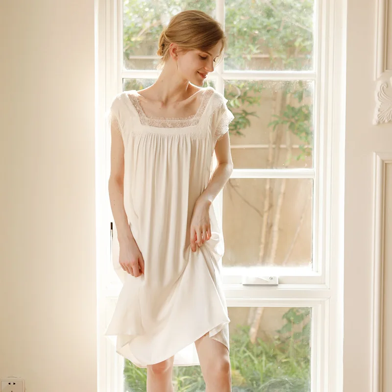 

Victorian Style Lace Nightgown Women Elegant French Vintage Sleep Dress Soft Modal Princess Nightie with Square Neck Sleepwear