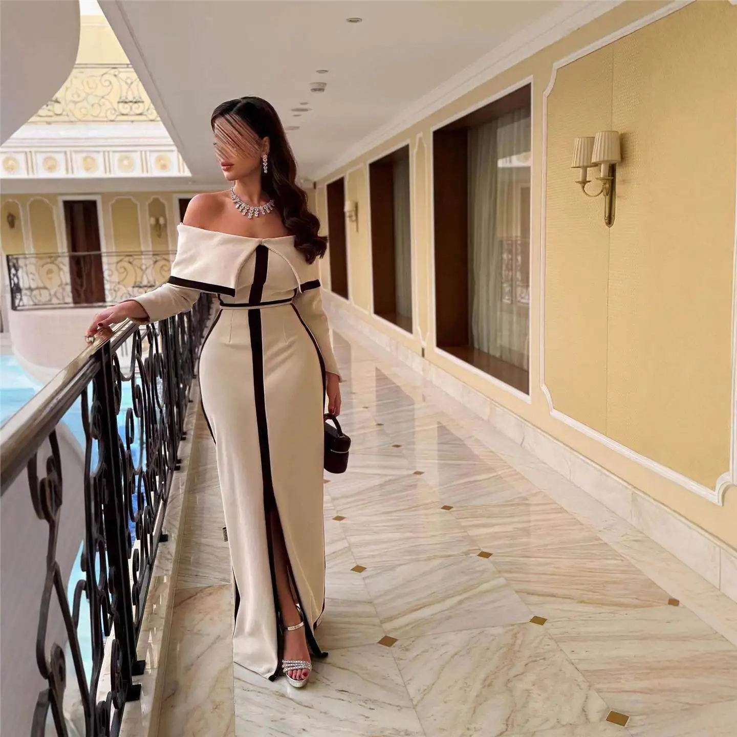 

Cross-Border Autumn Winter Women's Sexy Bodycon Color Block One Shoulder Dress Long Sleeve Wedding Dress mid Waist Other