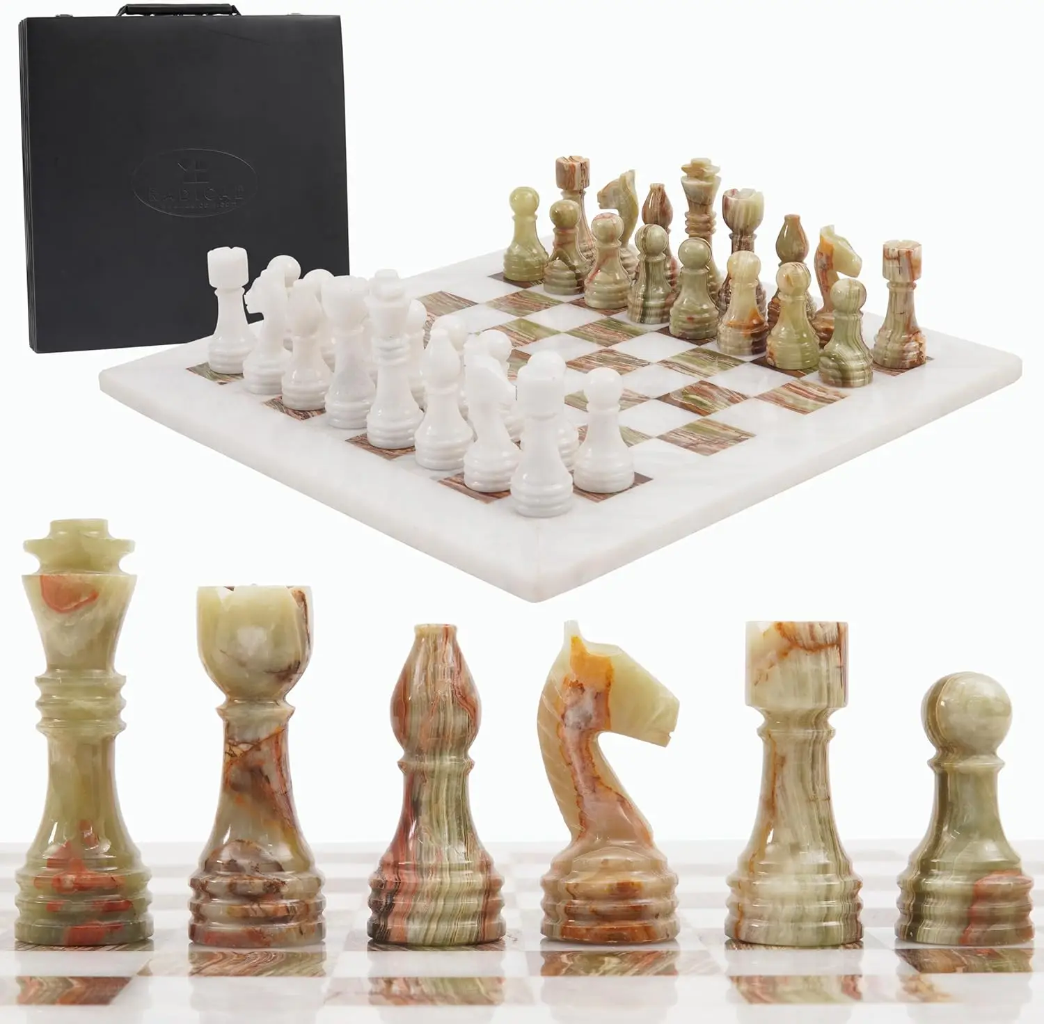 

Marble Chess Set with Storage Box 15 Inches White and Green Onyx Handmade Board Game 2 Player Classic Chess Sets for Ad