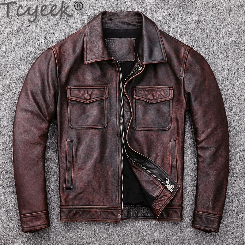 

Tcyeek 100% Layer Genuine Leather Jacket Men Vintage Natural Cowskin Coat Spring Autumn Mens Leather Jackets 21 Chaquetas Hombre