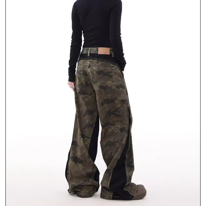 Women's Fancy Color Splicing Cargo Jeans Y2K Japanese Harajuku Aesthetic 90s High Waist Loose Wide Leg Jeans Pants Clothing 2025