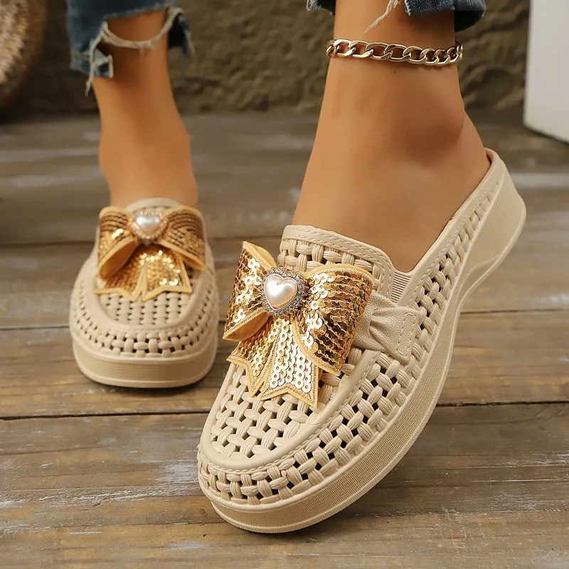 

2025 High Quality Baotou Bow Decorative Women's Slippers Crystal Pearl Metal Decorative Casual Slippers New Platform Slippers