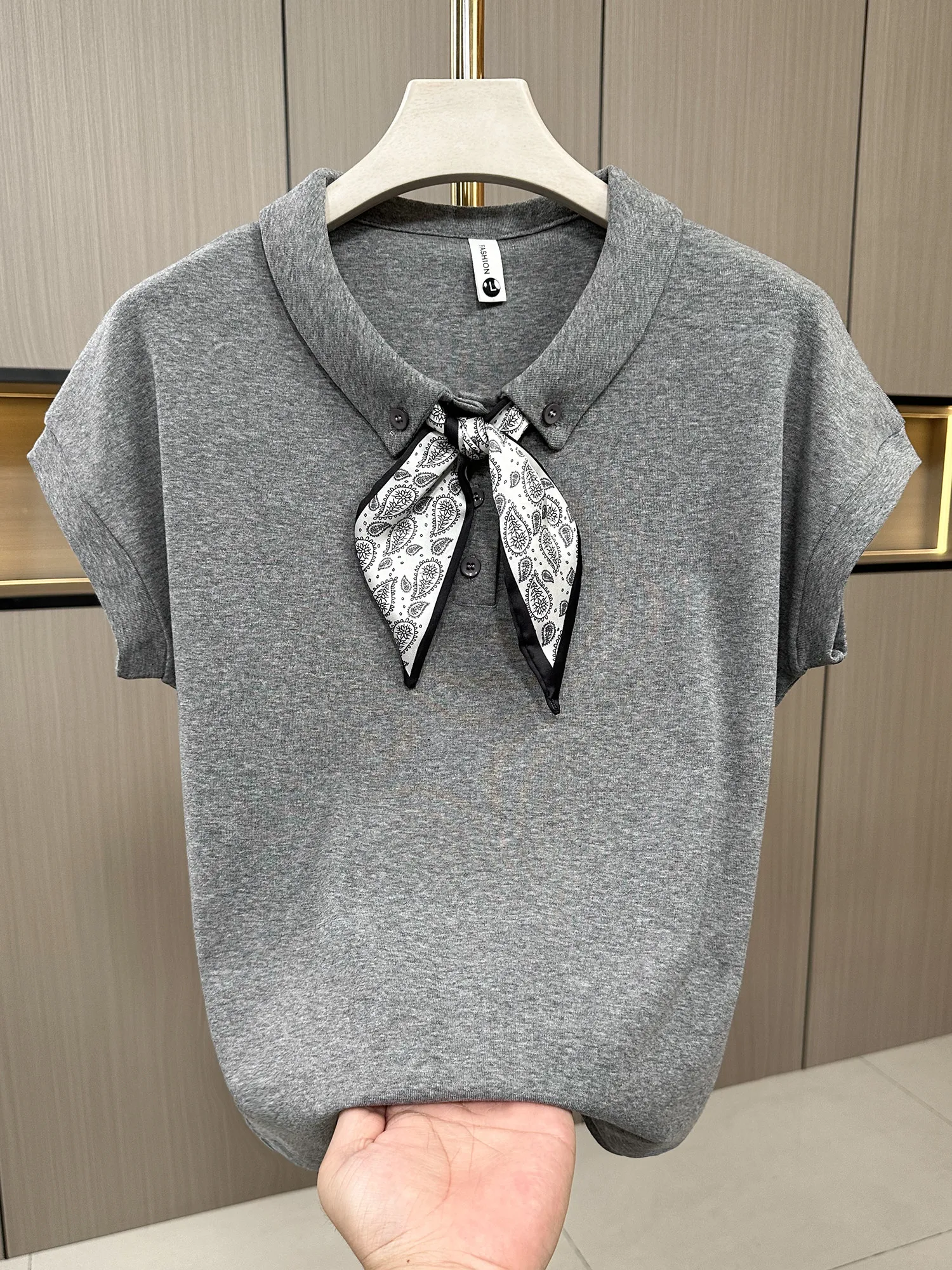 Summer New Fashion Silk Scarf Turn-down Collar Cotton Mom Style Short Sleeve T-shirt Women Versatile Age-defying Slimming Top