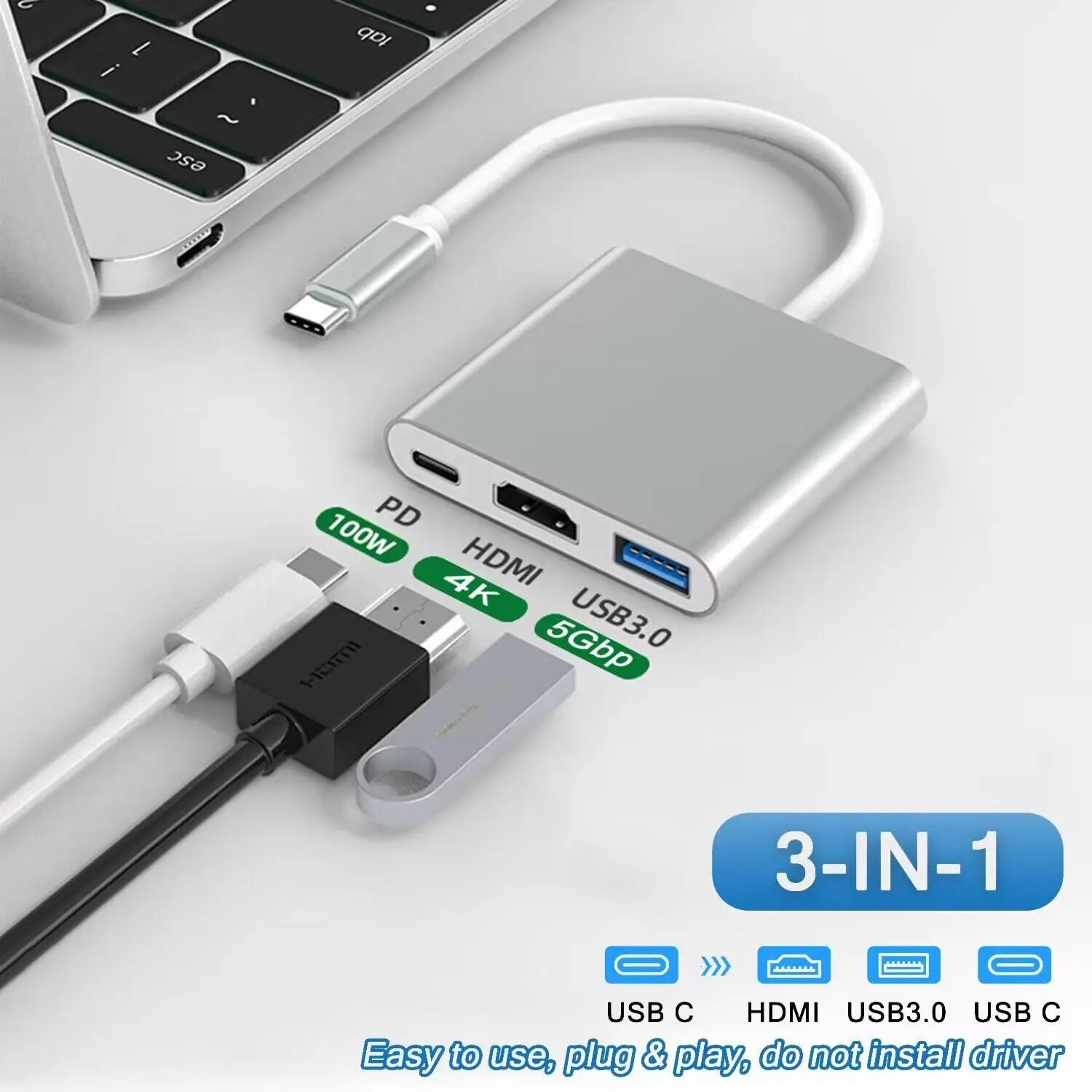 PD 60W 3 in 1 USB Type C To HDMI Adapter For iPhone 15 Pro Max Samsung S24 Xiaomi Huawei Multiport 4K Laptop Macbook Converter