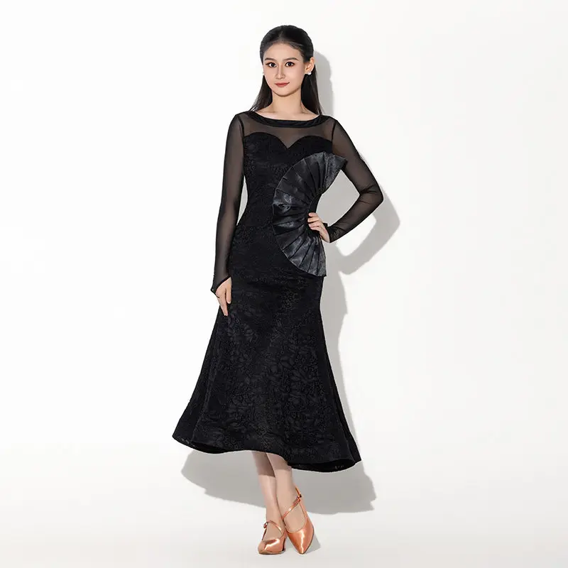 2026 Ballroom Dance Dress For Women Mesh Sleeved Round Neck Big Swing Fishbone Dress Adult Waltz Modern Dance Dress  DQS22245