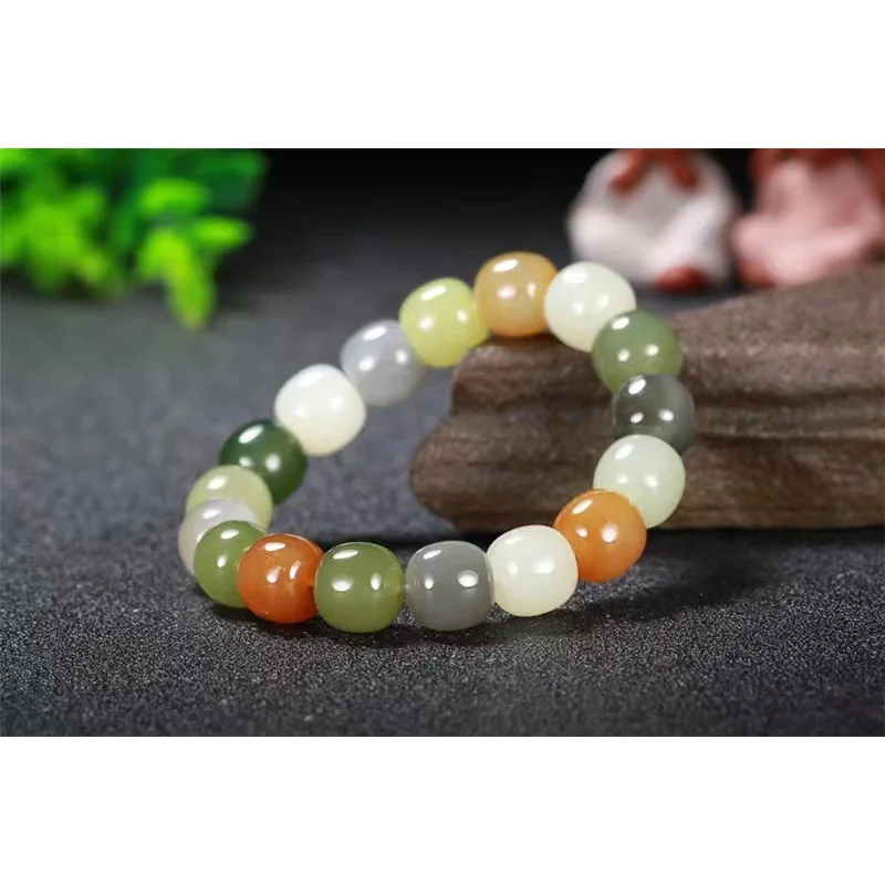 Natural Xinjiang Hetian Jade Duobao Lotus Root Pink Bracelet White Jade Bucket