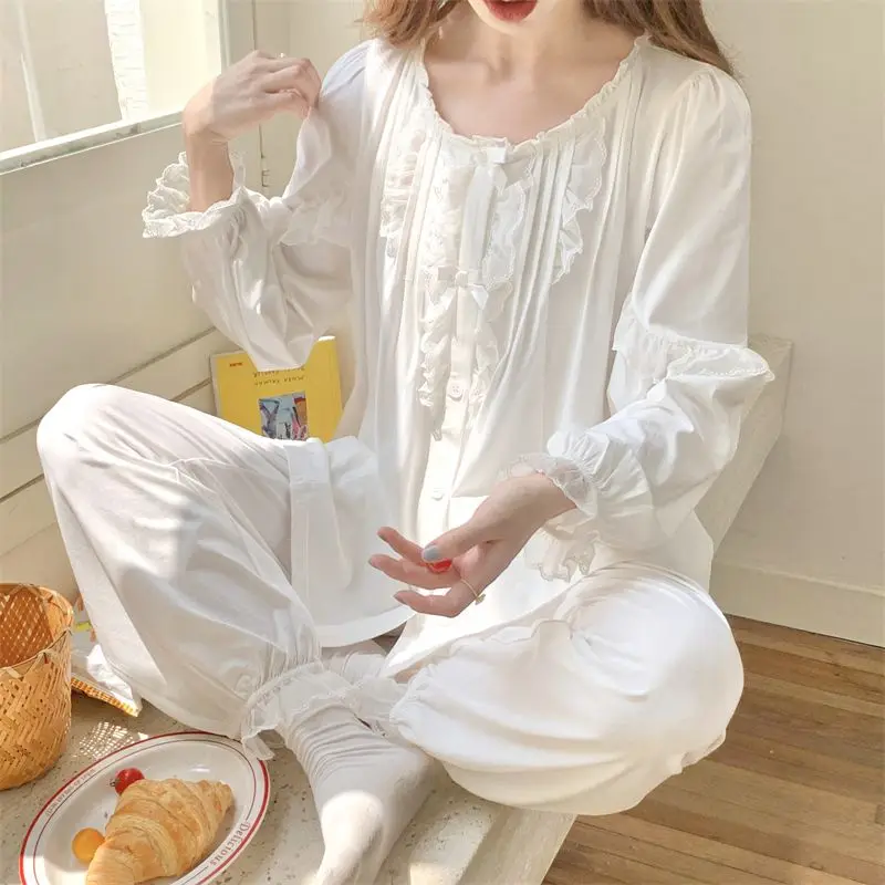 Pajama Sets Women Casual Ruffles Loose Fit Comfortable Homewear Sweet Girls Lace Bow Fashion Soft Japan Style Kawaii Princess