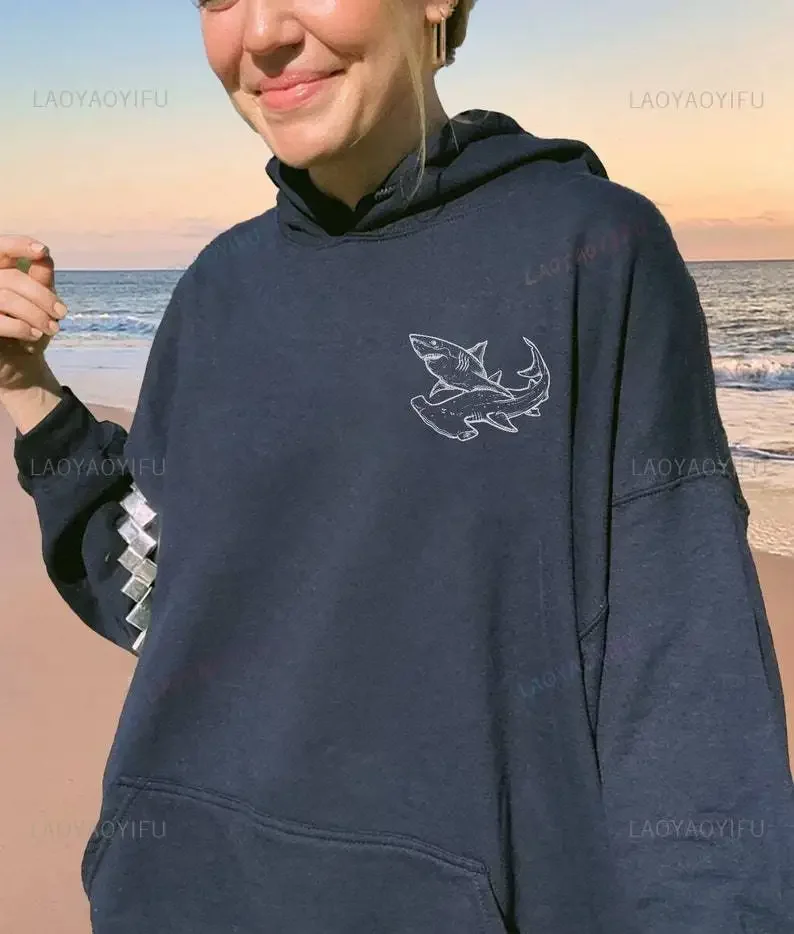 Respect The Locals Hoodie Shark Ocean Beach Surf Summer Nautical Aesthetic Navy Oversized Casual Sweatshirt Long Sleeve