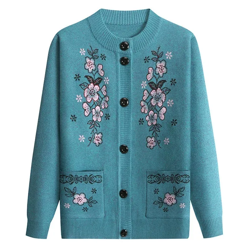 Spring Autumn Sweater Female Middle-Aged And Elderly Sweater Mother Cardigan Add Velvet Add Thick Winter Grandmother Coat