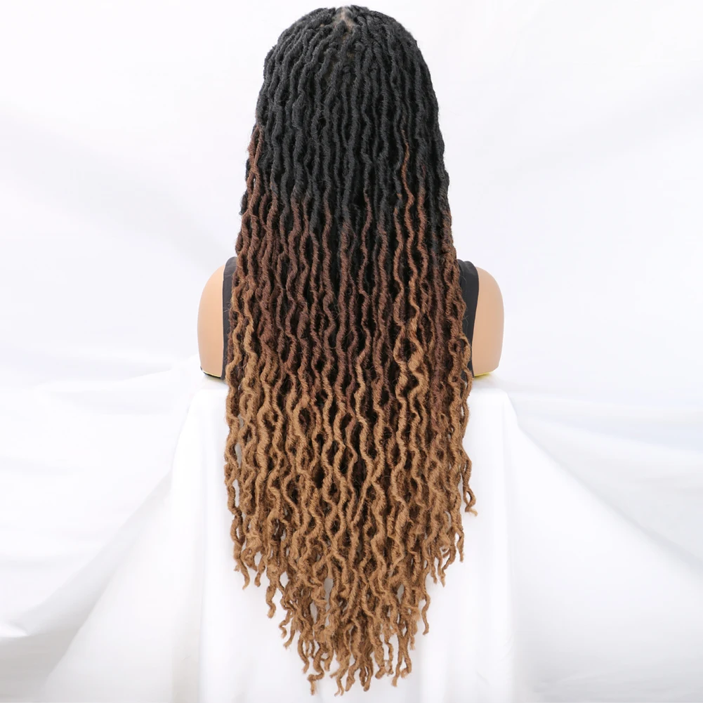 Parrucca piena in pizzo ondulato Gypsy Locs con i capelli del bambino 24 pollici parrucca sintetica marrone Ombre senza nodi morbida finta Locs parte quadrata parrucca Dreadlock
