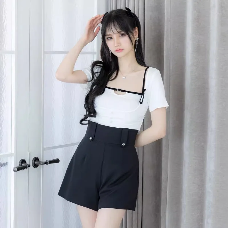 Japanese Summer New Top T-shirts Short Slimming Suit Sling Bow Square Collar Hot Girl Solid Color Two-Piece Sets Women's Clothes