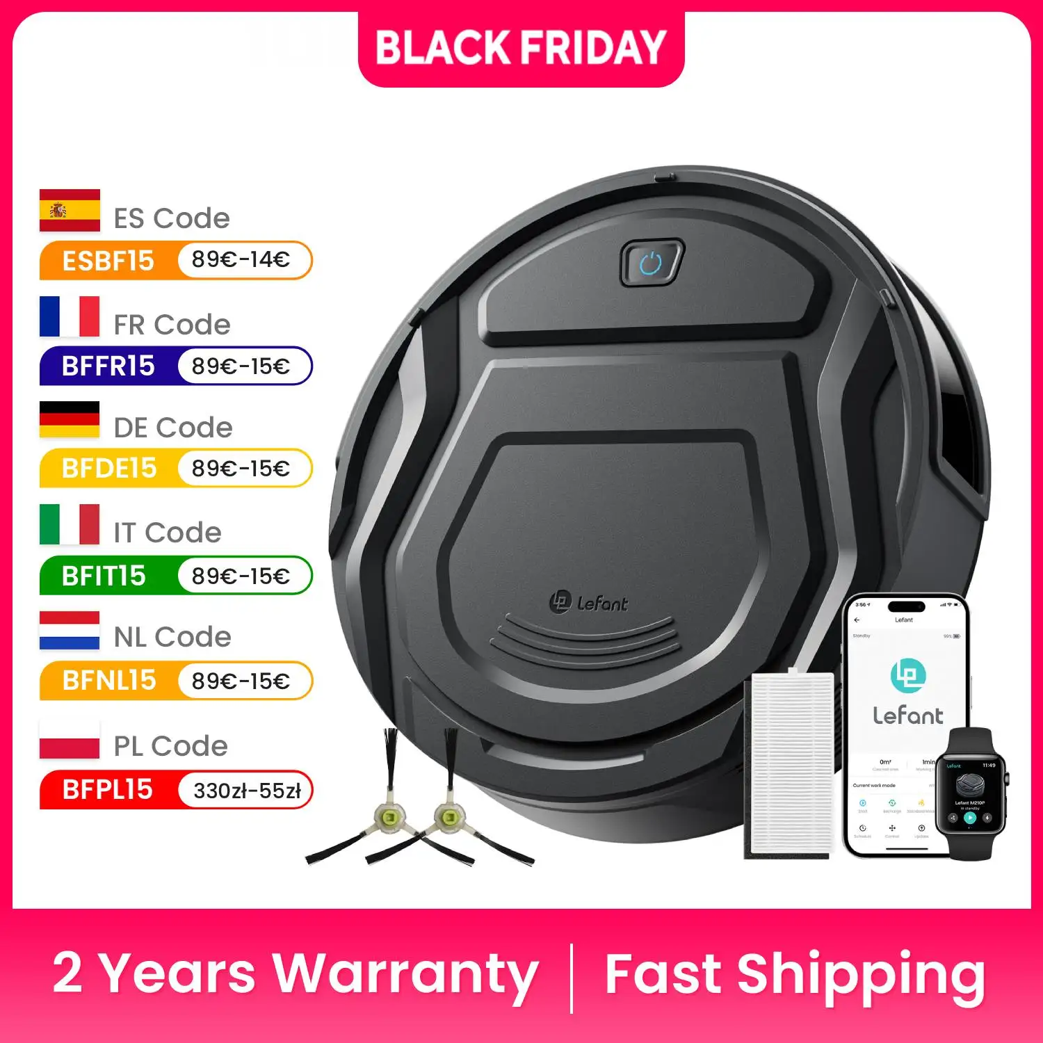 مكنسة كهربائية Lefant M210 Pro+ روبوتية، 3000 باسكال، 200 دقيقة، WiFi/App/Alexa، تجنب العوائق PSD 190 ° ، مثالية لشعر الحيوانات الأليفة