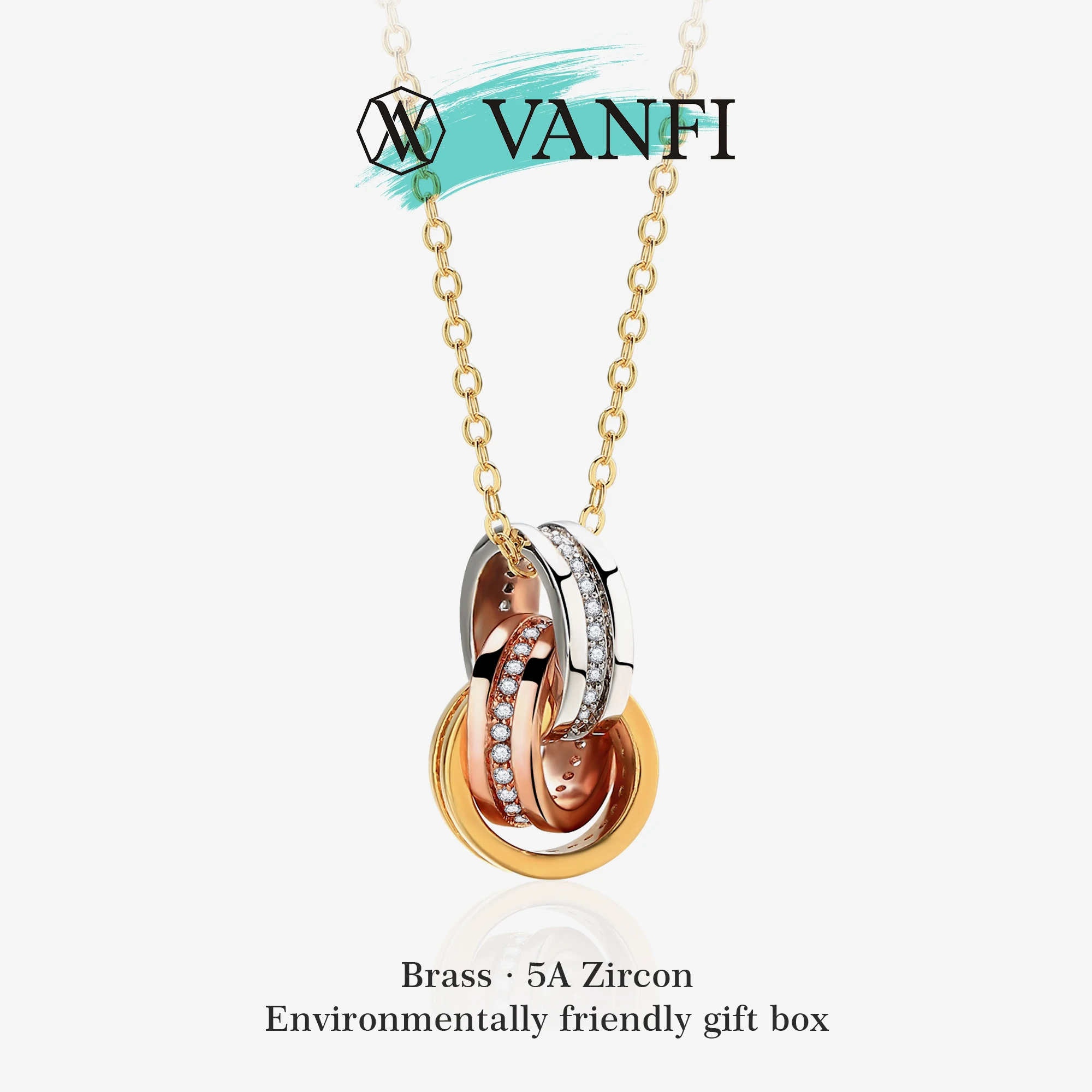 Kfvanfi Copper 18K Gold Plated Women Necklace Triple Ring Design High Quality 5A Cubic Zirconia Long-Lasting Color Jewelry Gift