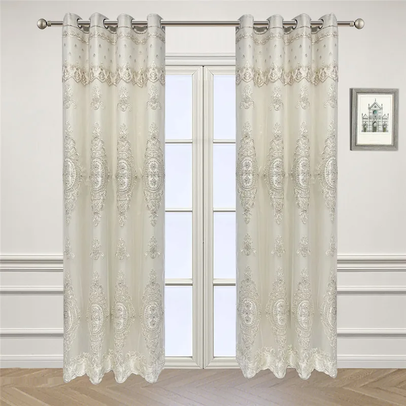 

European Beige Double Layer Embroidered Polyester Curtain Embossed Embroidered Pearls Window Drapes For Room Balcony Custom