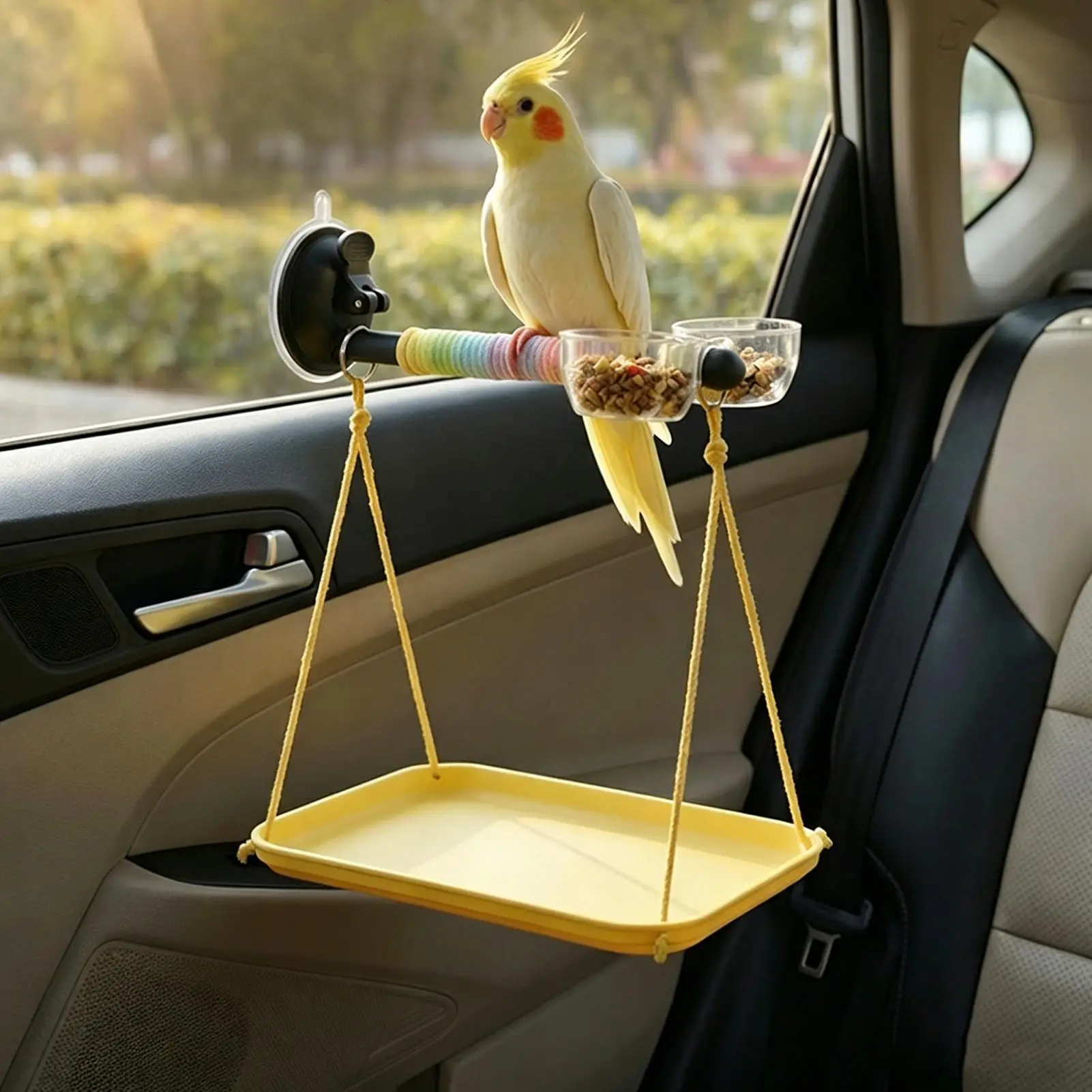 Bird Perch with Suction Cup and Droppings Tray Window Bird Perch Toy for Parakeet Cockatiel Conure Parrot Lovebirds Car Outdoor