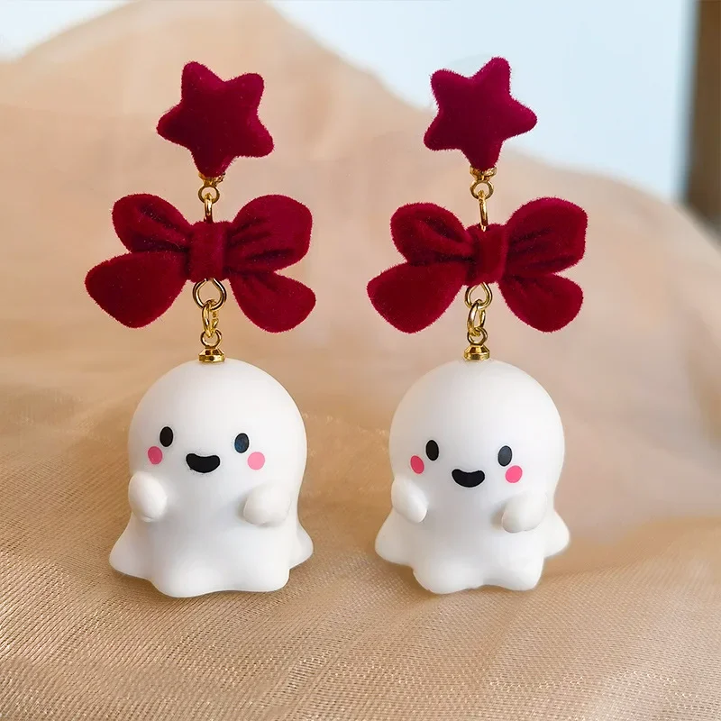 Cute Halloween Resin Ghost Stud Earrings for Women Fashion Fabric Bowknot Star Dangle Piercing Jewelry Ear Drop Gifts
