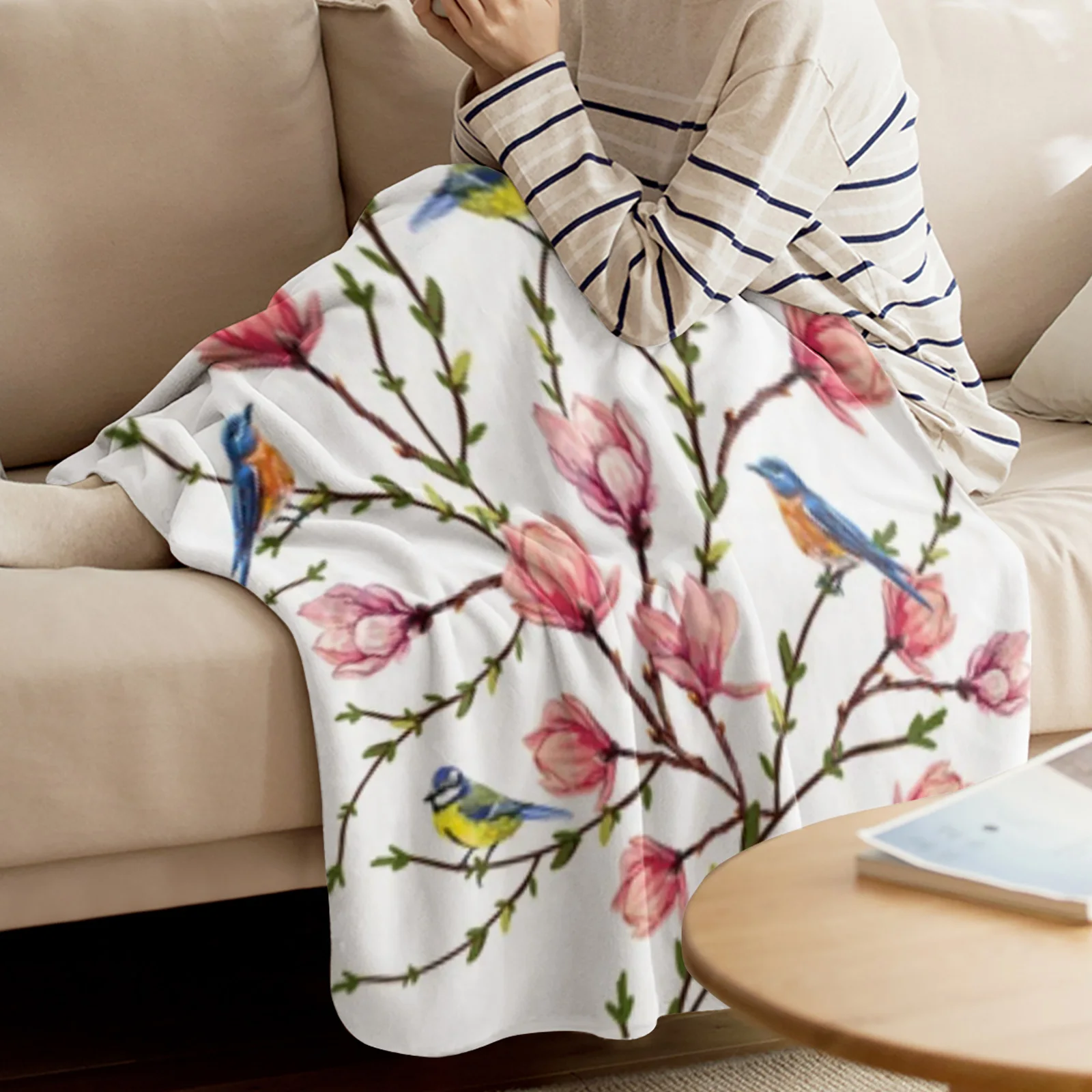 Beautiful Birds Tropical Magnolia Flowers Flannel Blanket Warm Soft Sofa Blanket Winter Sheet Bedspread Camping Travel Blanket