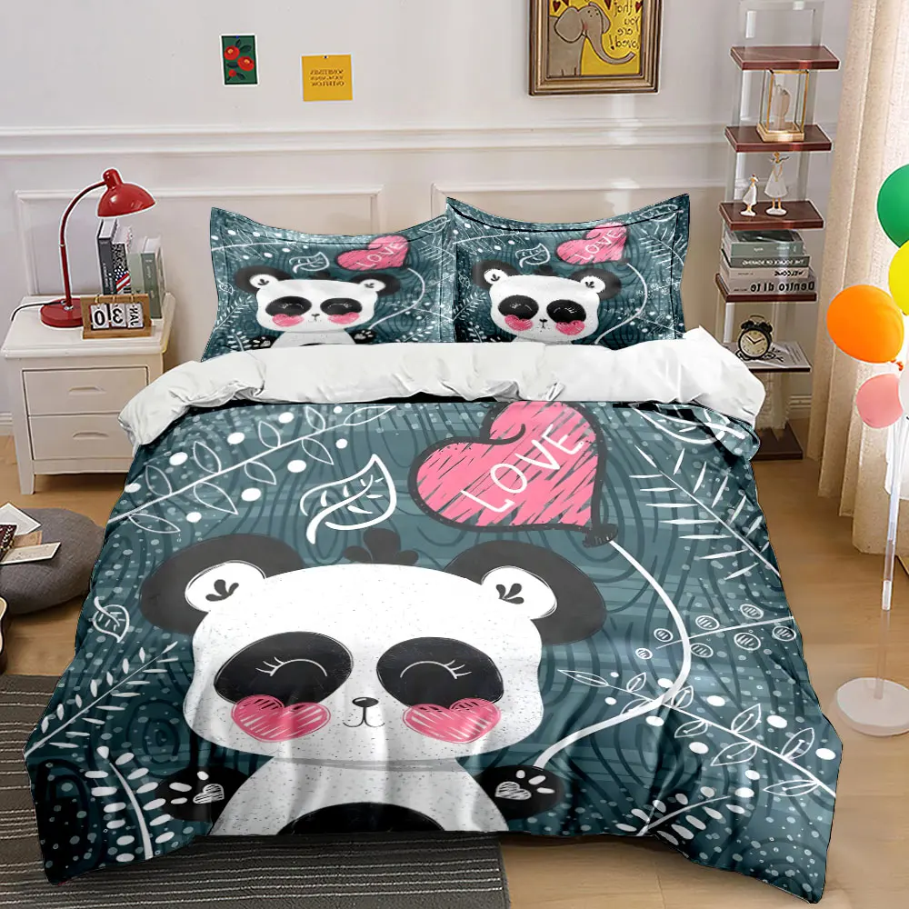 Cute panda with heart balloon Print Soft Comfortable Duvet Cover Bedding Set Included 1*Duvet Cover  2*Pillowcases