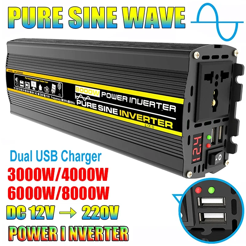 8000/6000/4000/3000W Pure Sine Wave Power Inverter Voltage Transformer Intelligent Inverters Home Outdoor 12V to AC 220V For Car