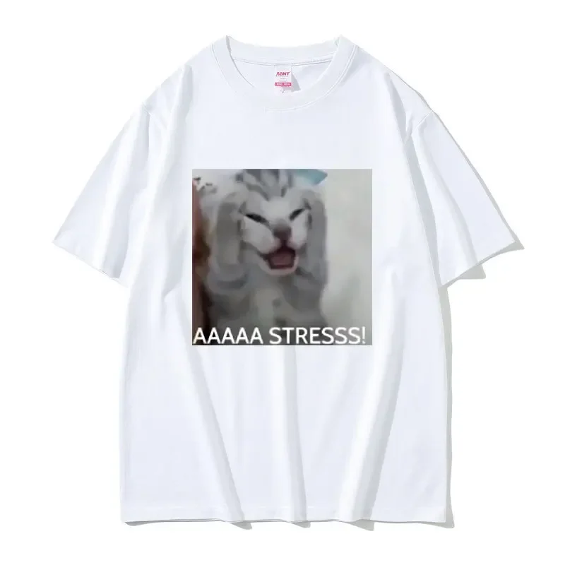 Cute Funny Stressed Cat Meme Tshirt Summer Men Women's Casual Loose Oversized T-shirts Men's  Cotton Short Sleeve T Shirts