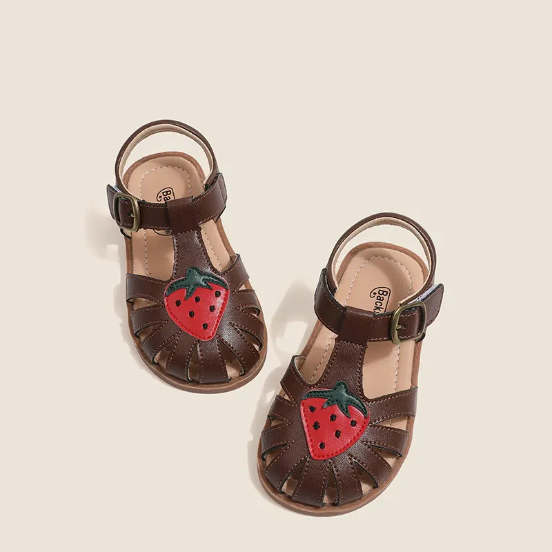 Kindersandalen Meisjes Leuke Aardbei Echt leer Strandsandalen Zachte zool Antislip Babyschoenen Maat 22-31