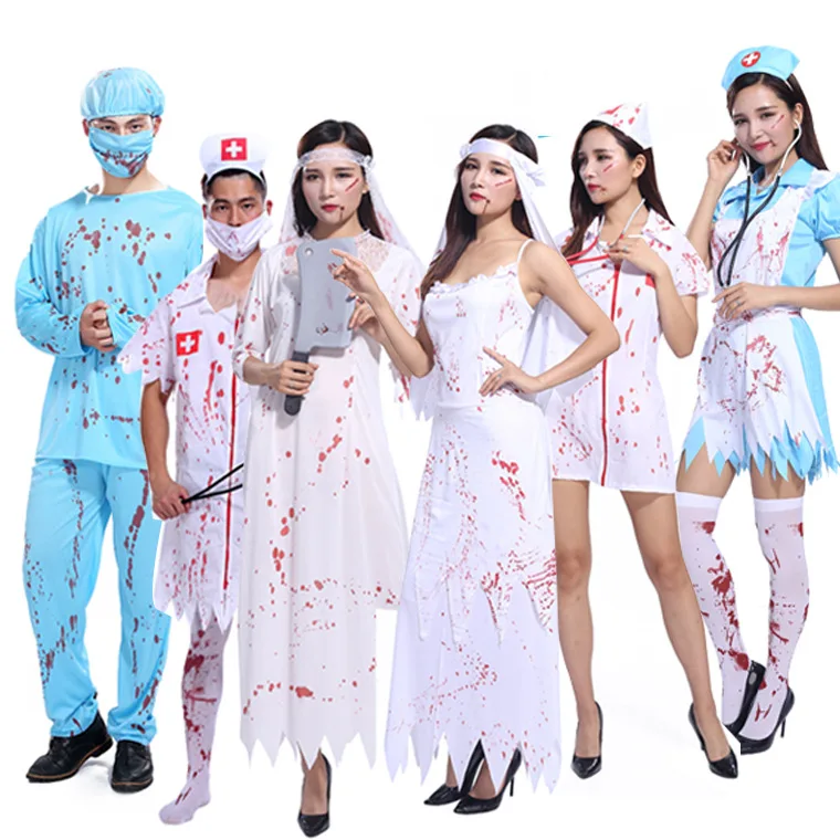 

Halloween Horror Nurse Uniform Cosplay Costume Women Men Surgeon Stage Performance Suit Adult Bride Party Festival Clothing