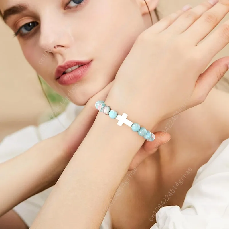 VIBILIA Cross Beaded Bracelets for Women, Inspirational Natural Heart Religious Bracelets for Women, Birthday Christian Gifts fo