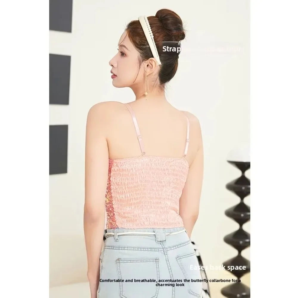 Shiny Sequin Sequin One-Piece Tank Top High Elasticity Short Backless Vest Fixed Wrap Chest Underwear Base Layer Vest Top