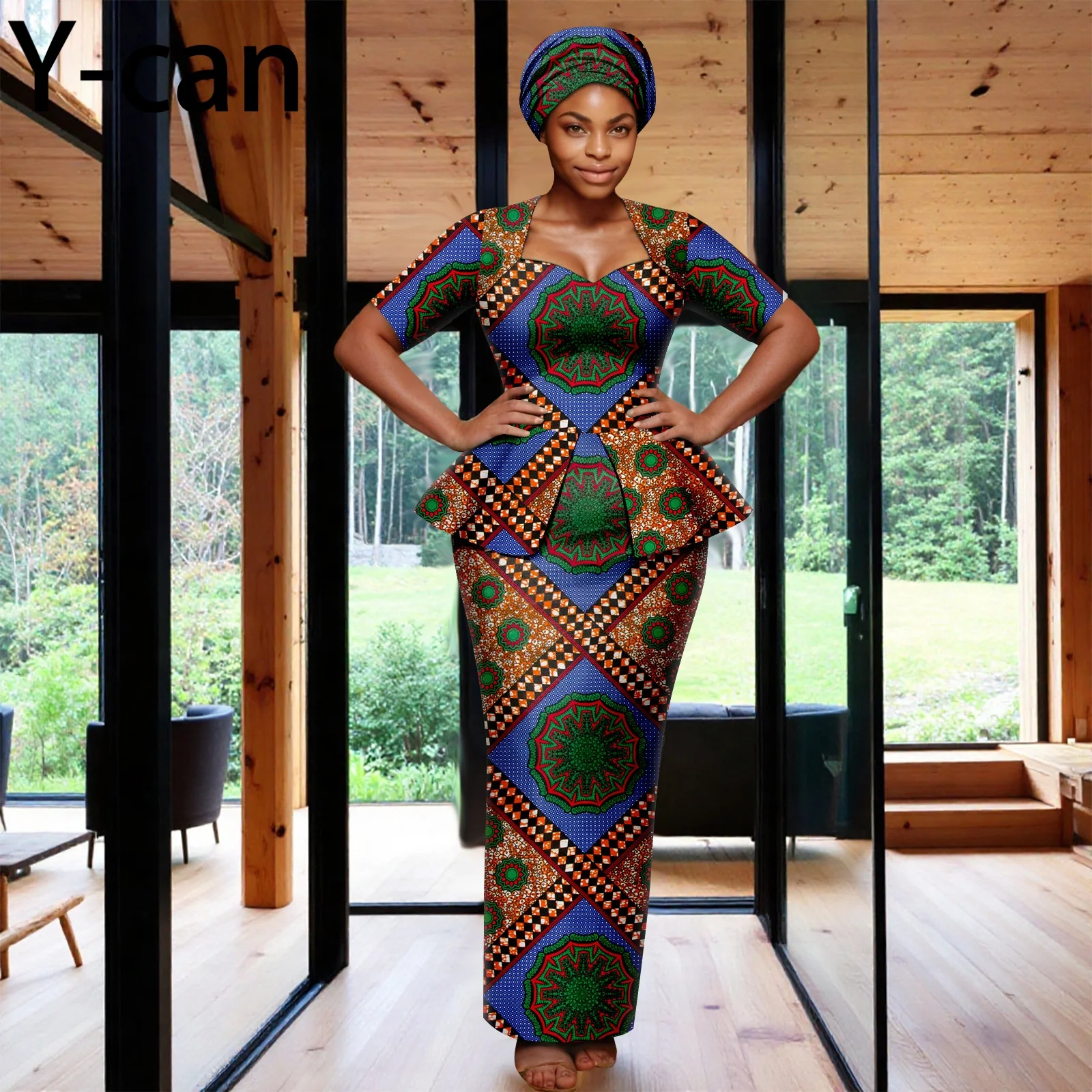 

African Dress for Women Short Sleeve Heart-shaped Ruffled Edge Gown with Headscarf for Party African Fashion 2525117 2525171