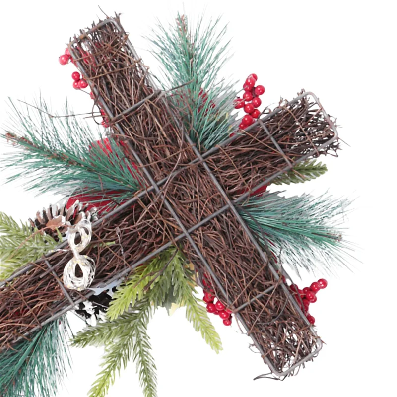 AB15-Weihnachts-Kreuzpfahl, Kreuzpfahl, Metallkreuz, solarbetrieben, mit Lichterketten, natürlichem Rattan, rotem Weihnachtsstern und Beeren